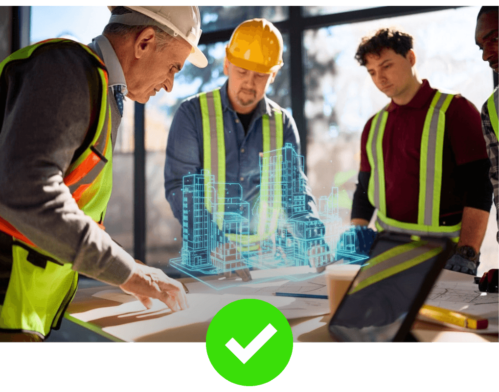 A construction site team of engineers analyzing a glowing blue 3D holographic building model layout on a blueprint table.