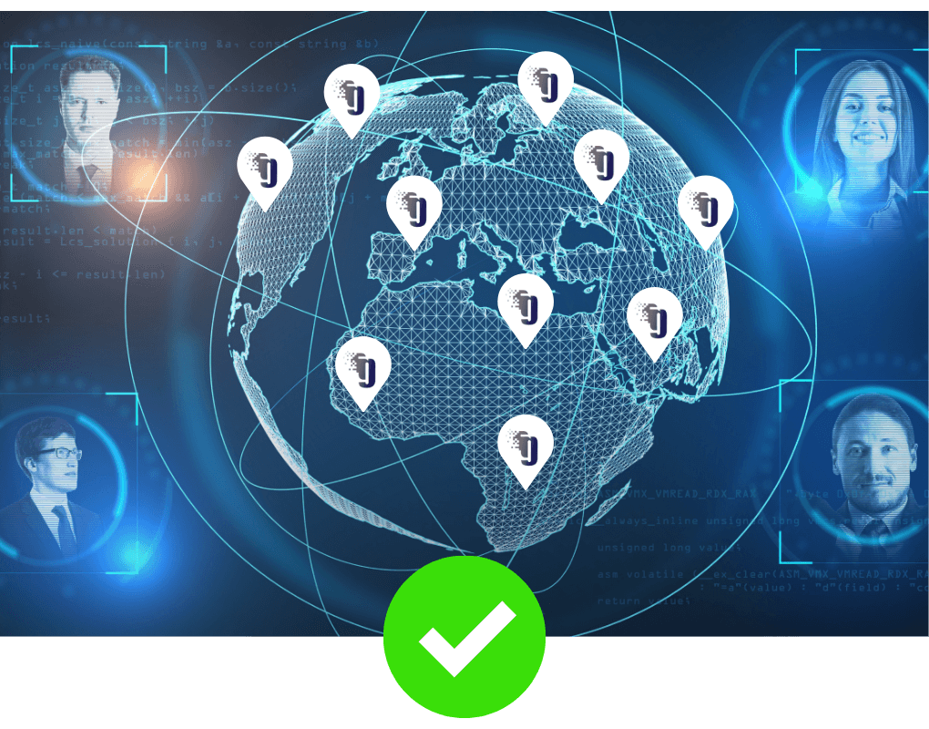 A global networking concept diagram showing a 3D wireframe globe with map pointer pins surrounded by digital corporate professional profile headshots.