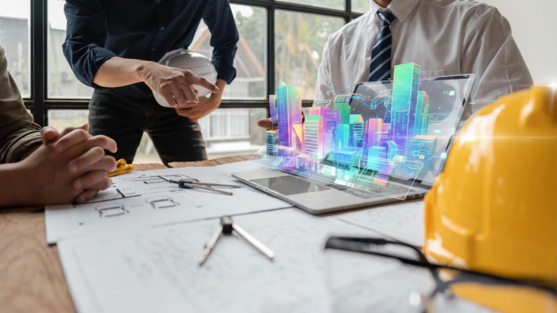 Architects and engineers collaborating on a smart city construction project, reviewing building blueprints and a 3D digital twin model displayed on a laptop. Modern architecture, BIM technology, urban planning, construction management, and engineering design concept.